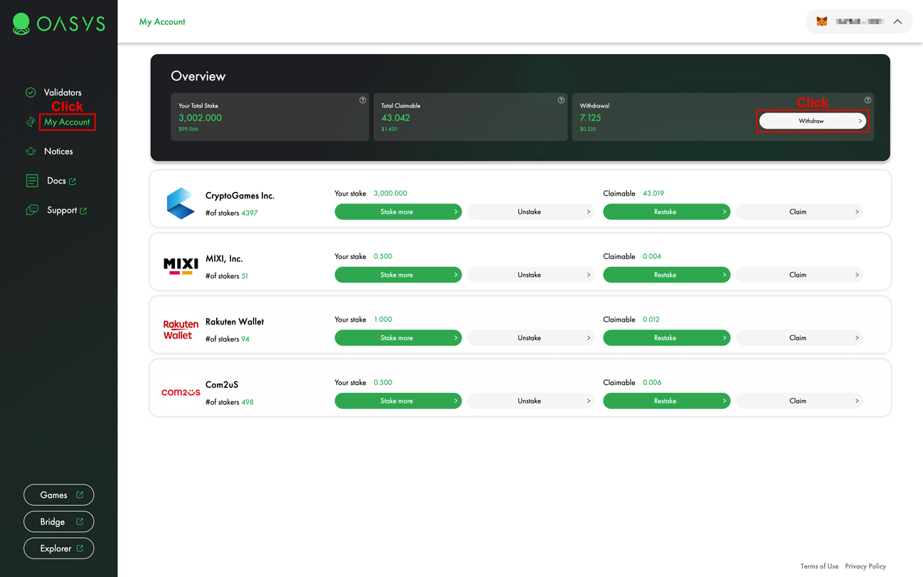 My Account withdrawal area
